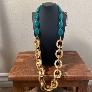 Chico’s Chunky Acrylic Link Teal Green Beaded Brown Long Bold Statement Necklace